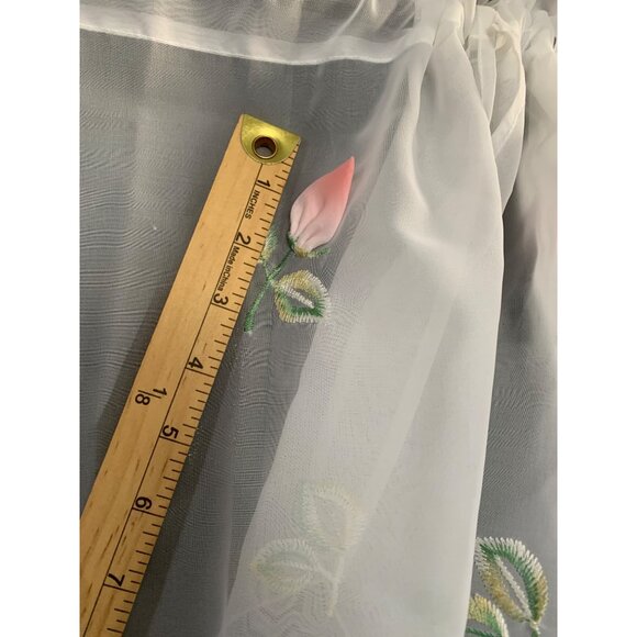 Sheer White Embroidered Curtain Panels with Pink Floral Design Scalloped Edges - Picture 4 of 9
